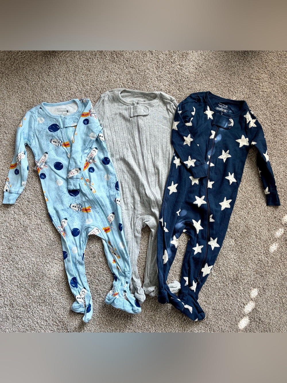 3-Pack baby Footed One-Piece Sleepers - Light Blue Rocket, Gray Rib, Navy Star